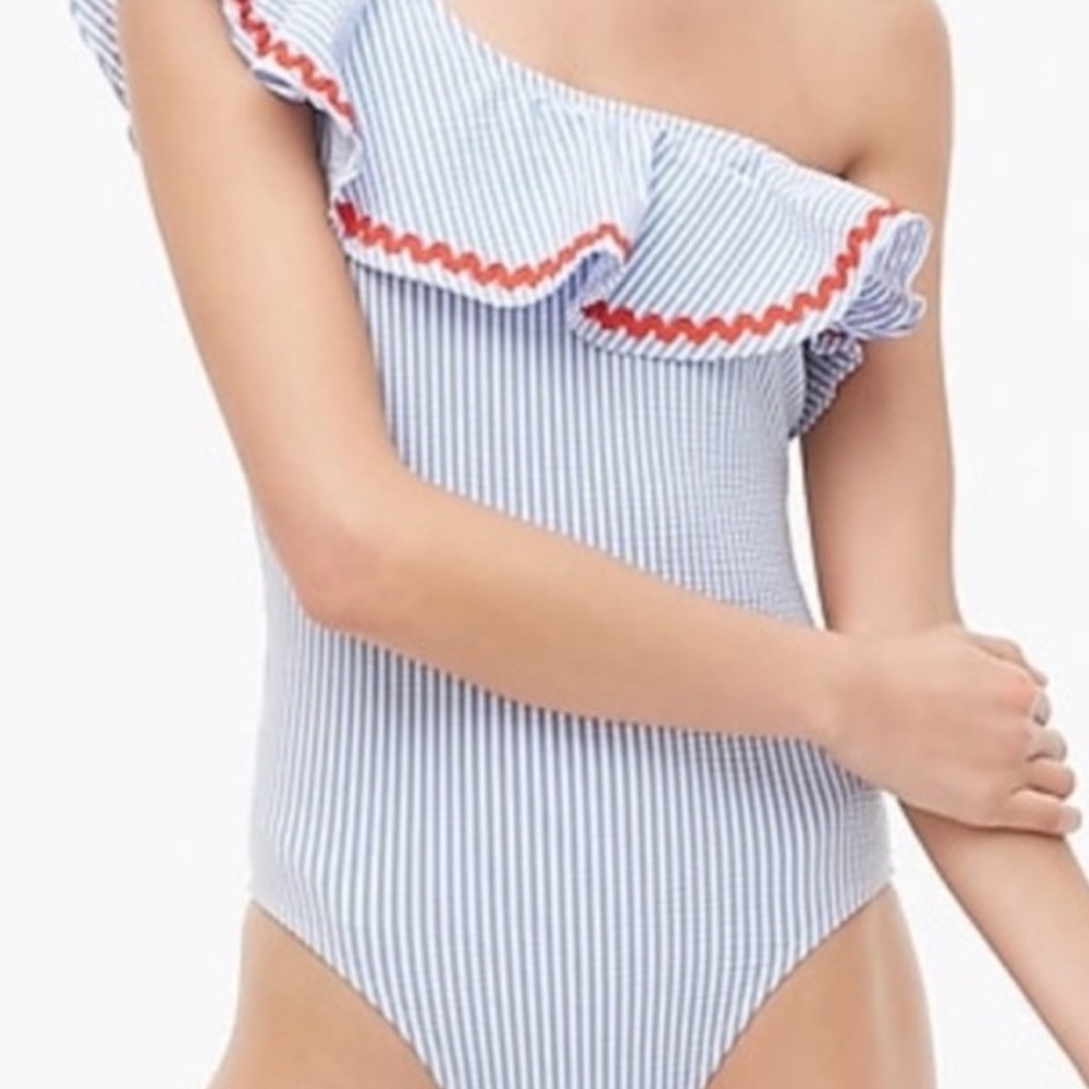 J Crew NEW S Blue White Seersucker One-Shoulder Striped Swimsuit Ruffle Red Trim